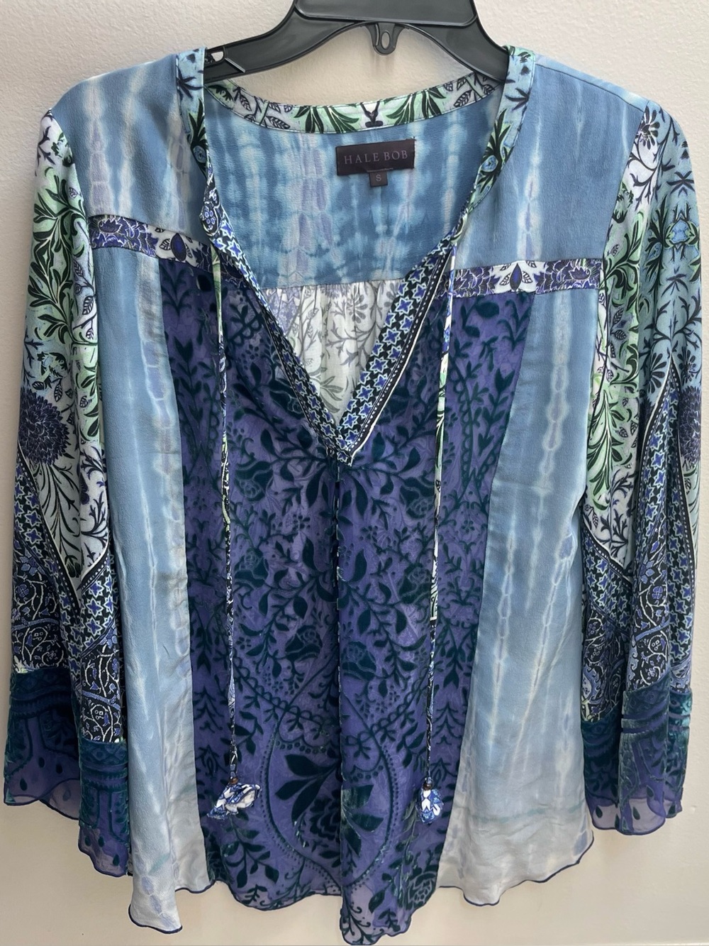 Hale Bob Blue Fainne Kimono Burnout Tie Dye Tunic Top Womens Size S Silk Blend